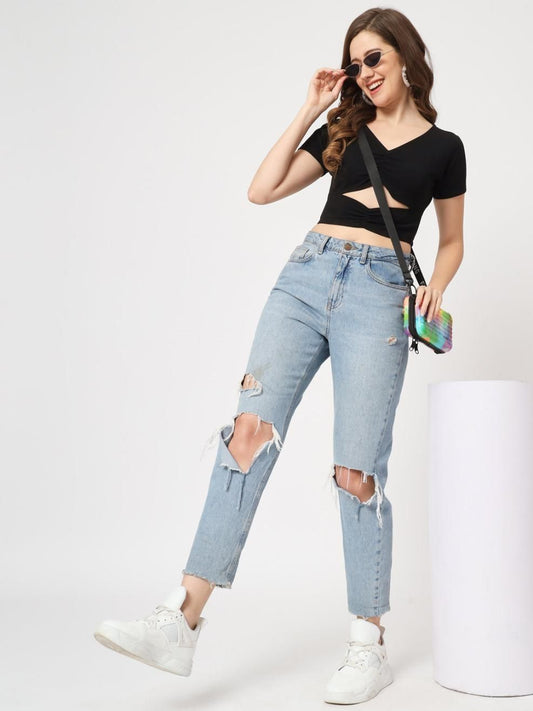 Solid Waist Cut-Out Basic Rib Crop Top For Women's